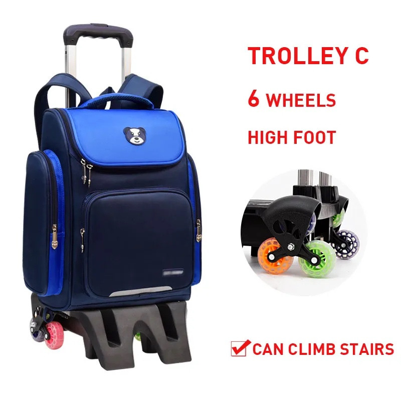 Waterproof 6 Wheel Trolley Backpack Adjustable Handle School Bag Blue